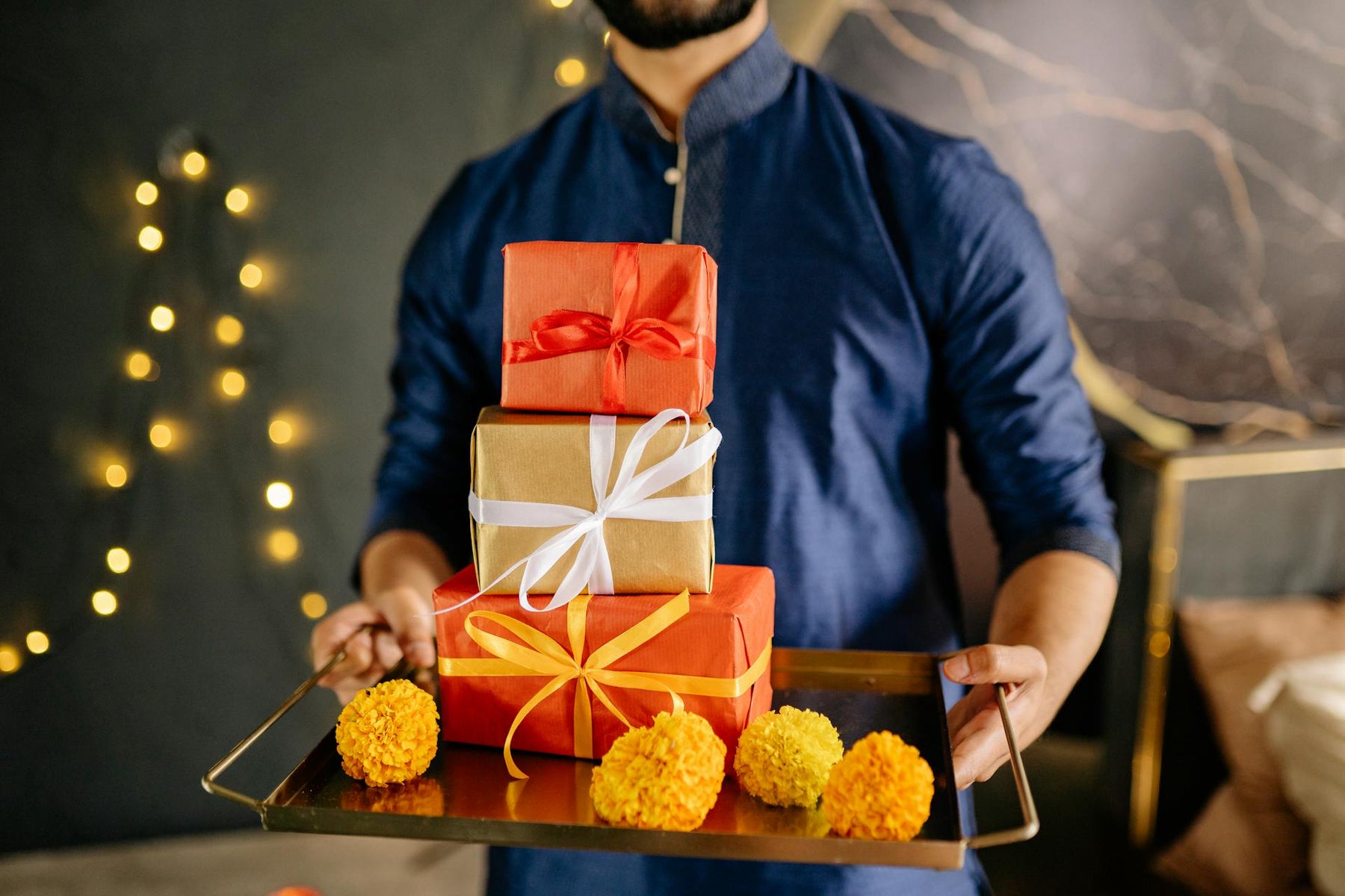 diwali gifts; diwali gift hamper; diwali gift basket; marigolds; deepavali; kurta; gift ideas
