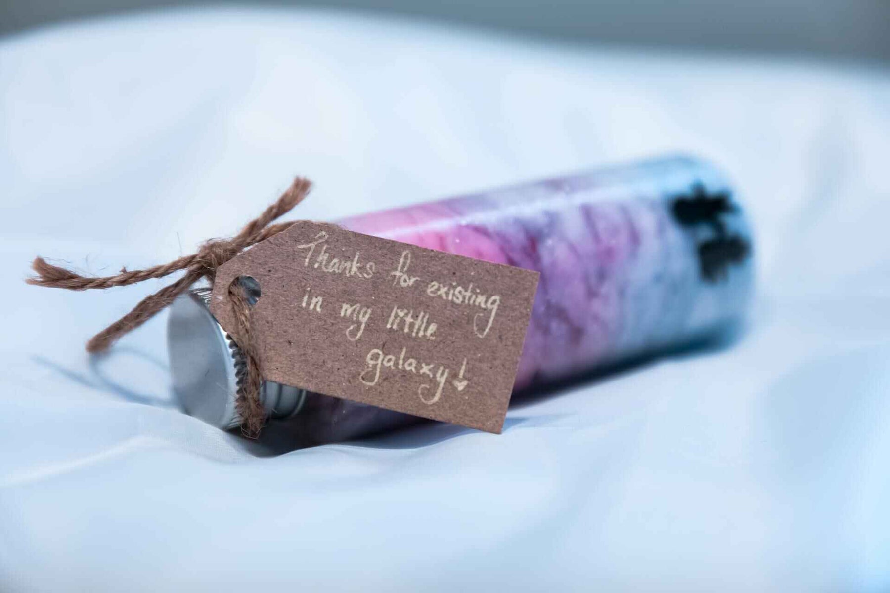 bottle with thank you tag; thank you gift; gift ideas; aromatherapy; bath salts; gift tag; galaxy
