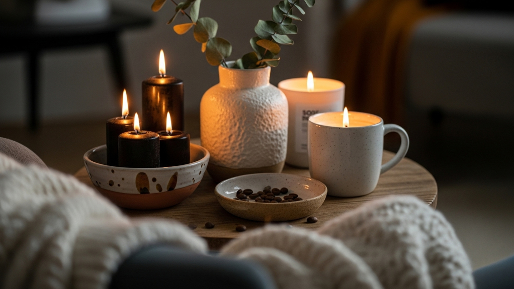 lighted scented candles with wooden holders