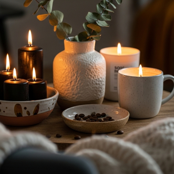 lighted scented candles with wooden holders 