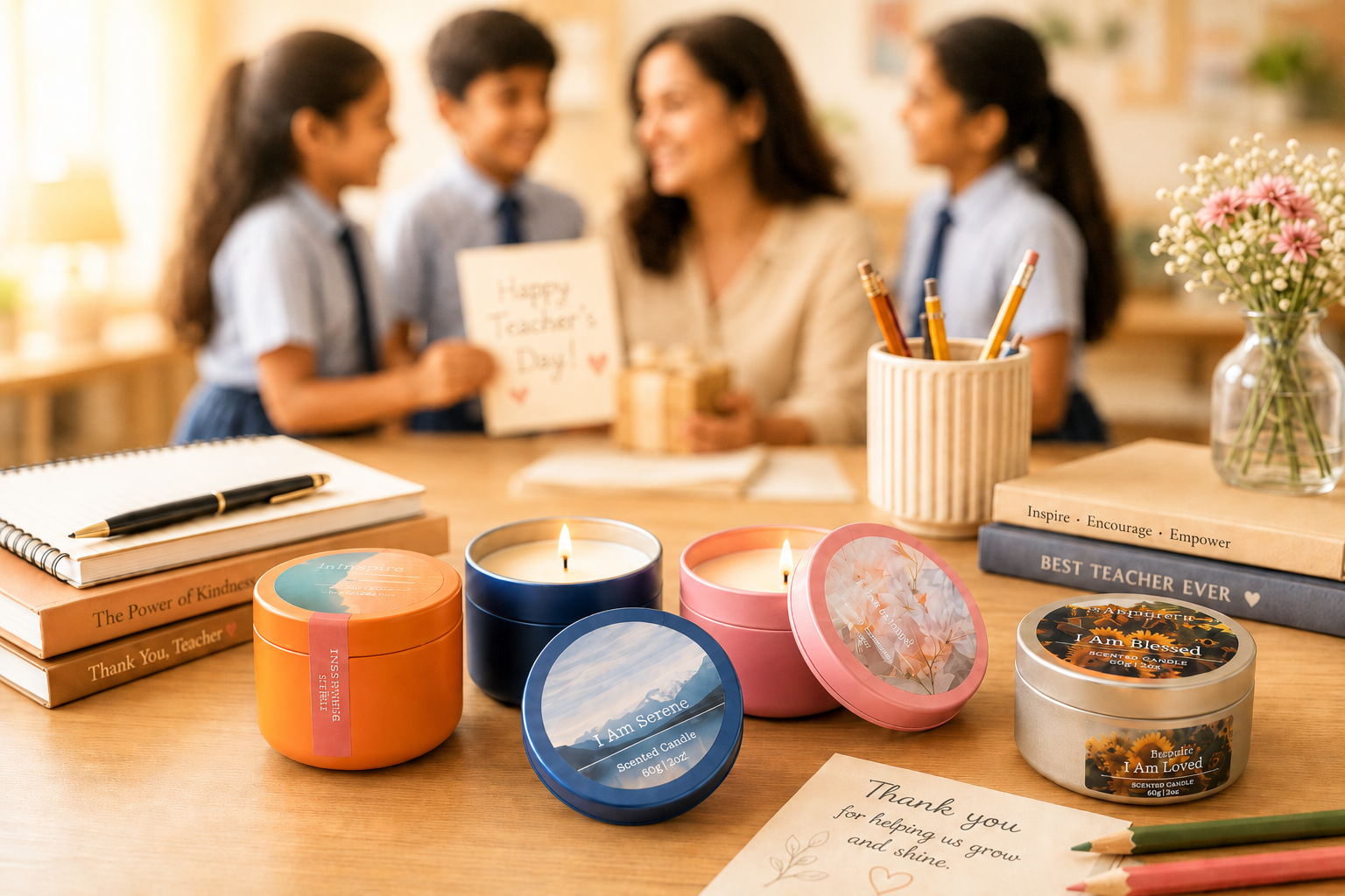 students presenting gifts on teacher's day