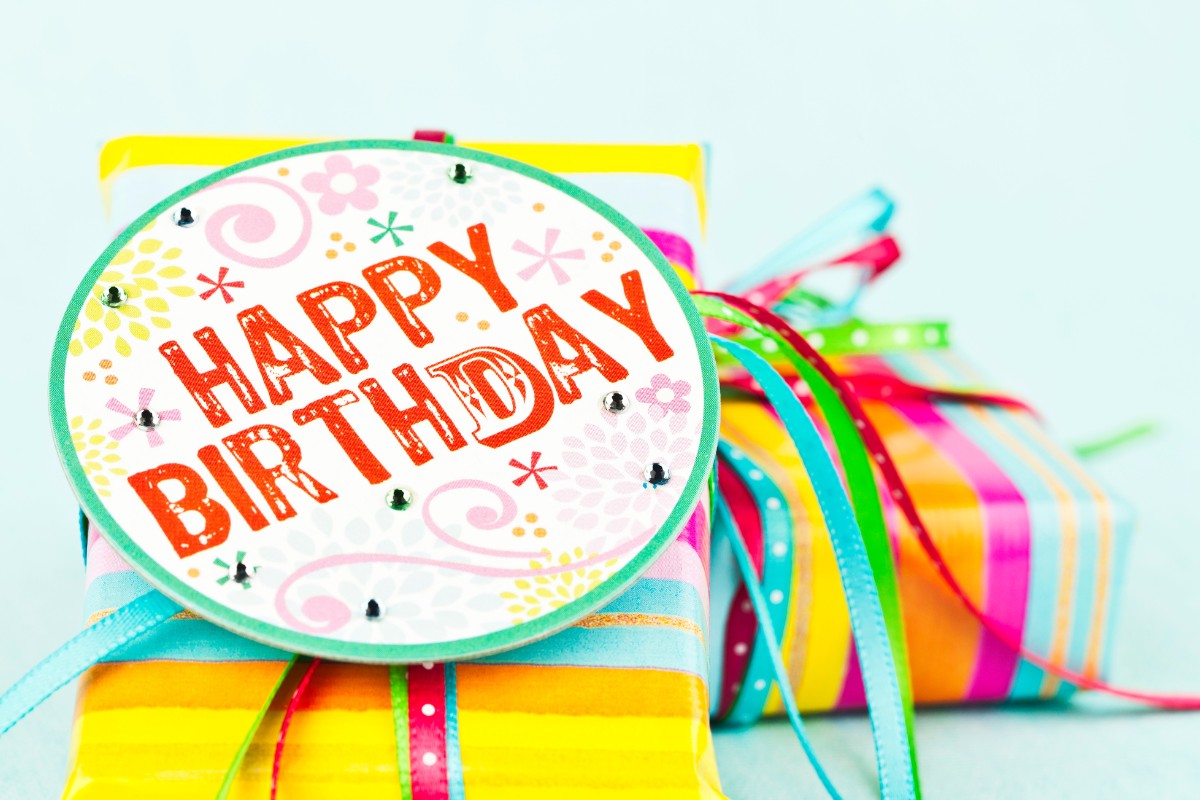 colourful birthday gifts with gift tag
