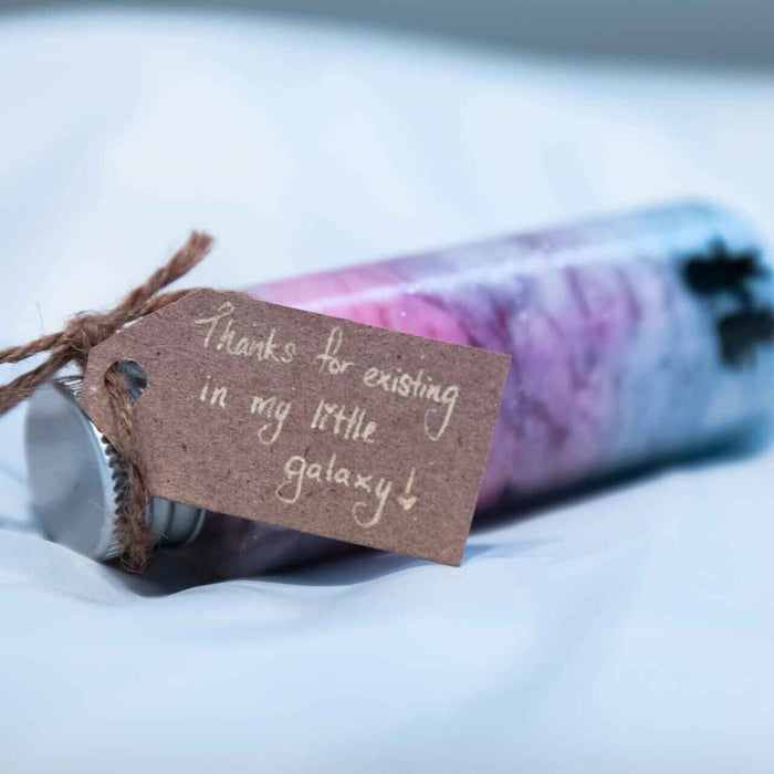 bottle with thank you tag; thank you gift; gift ideas; aromatherapy; bath salts; gift tag; galaxy