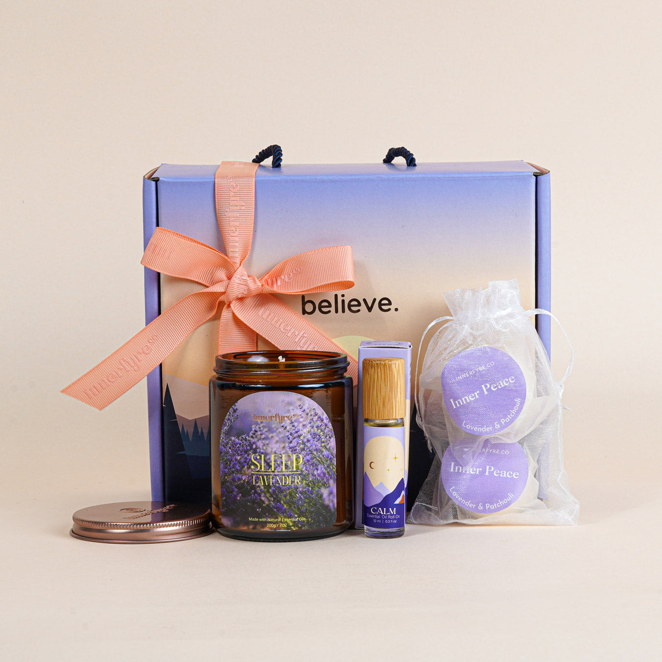 lavender candle and roll-on sleep gift bundle; innerfyre co; gift bundle; sleep; insomnia; lavender; gift singapore; gift for colleagues; gift for her; gift for him; gift ideas