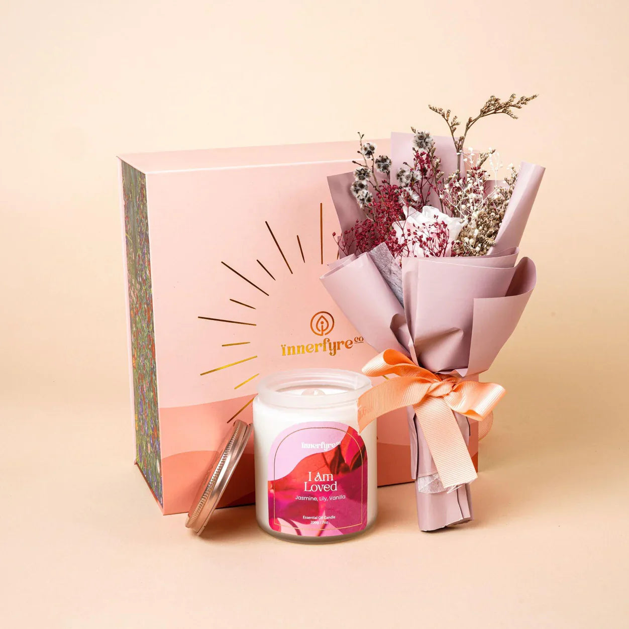 innerfyre co; gift bundle; gifts for her; flowers; scented candle; bouquet; ribbon gift; gift ideas