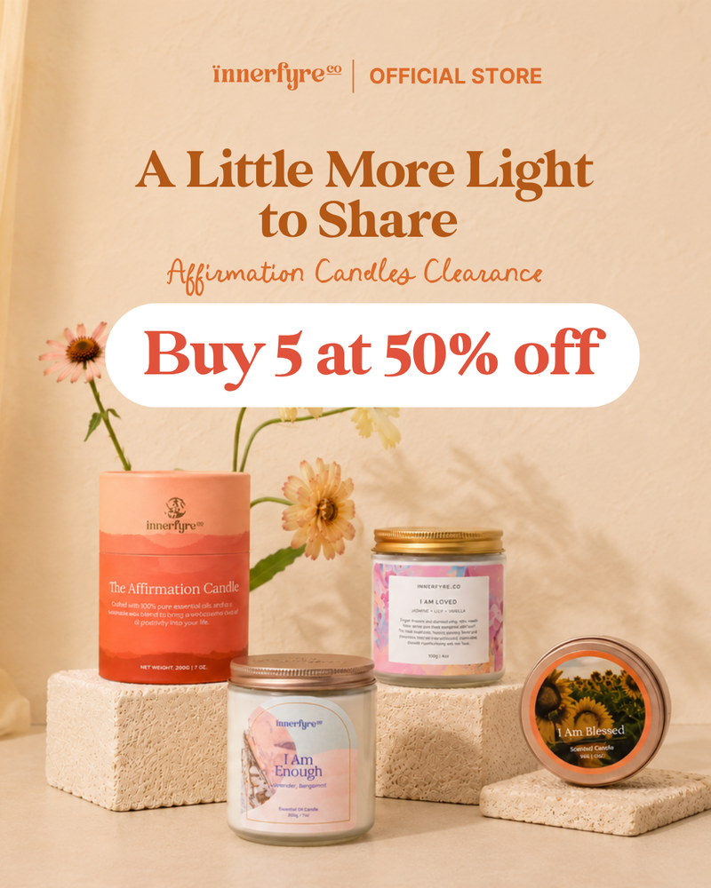 Candles with promotional text for Innerfyre Official Store on a beige background