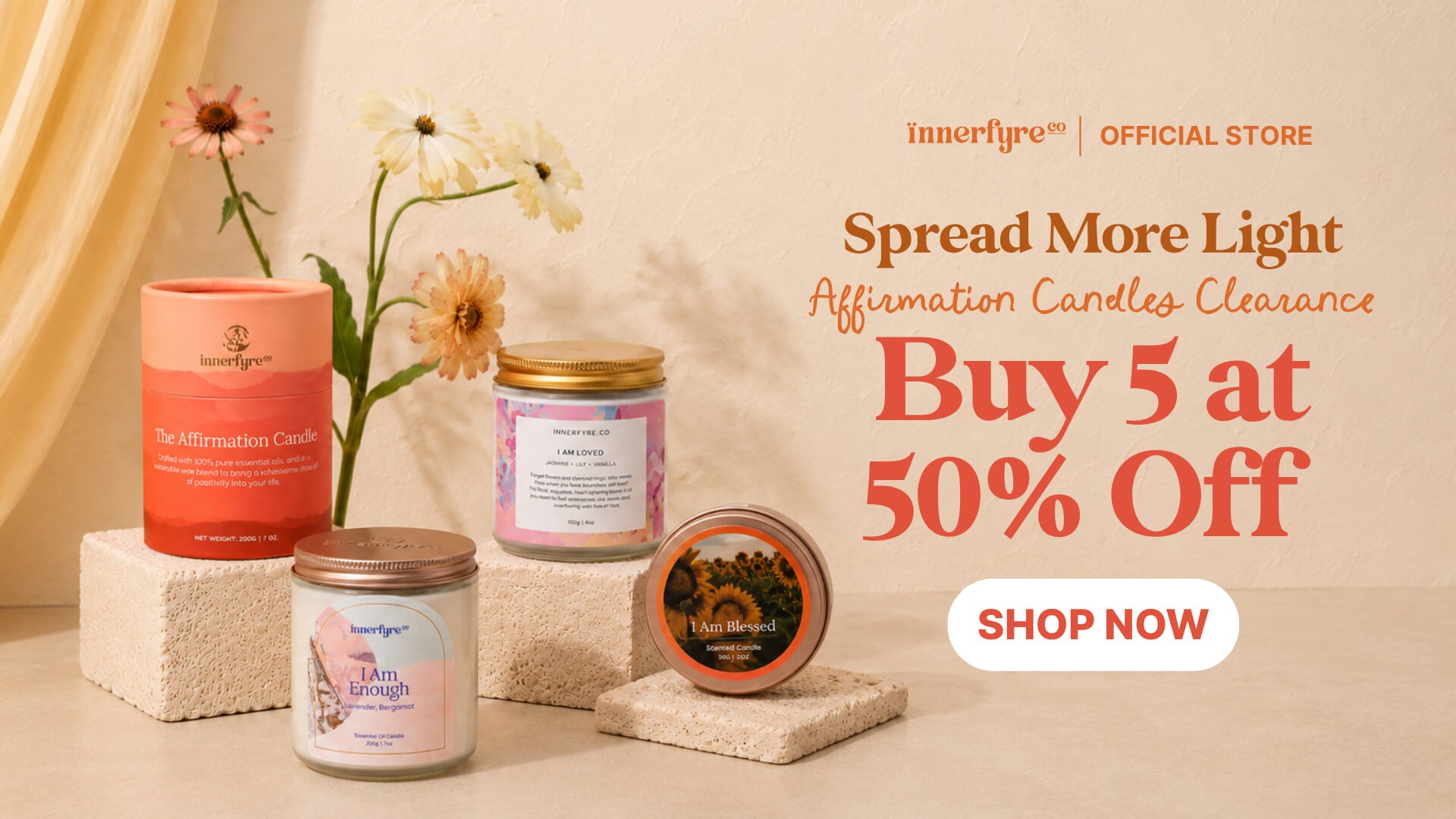 Candles with flowers on a beige background, featuring Innerlyfe branding and a sale promotion.