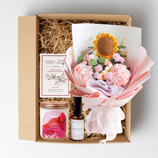 Mother's Day Gift Bundle of crocheted flower, scented candle, room spray and chocolate