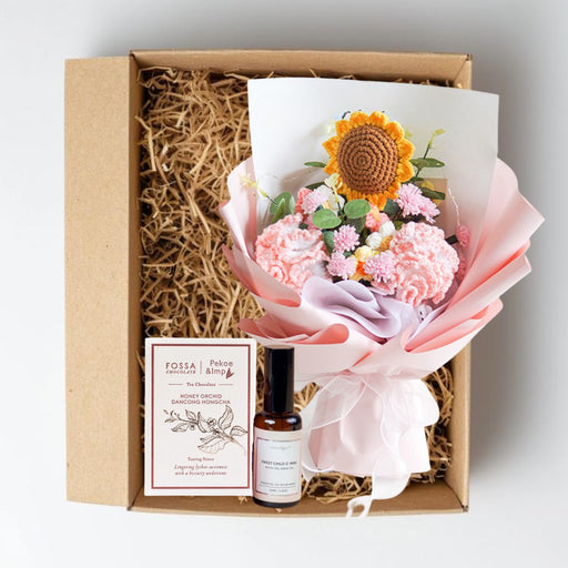 Mother's Day Gift Bundle of Crocheted Flower, Chocolate and Room Spray