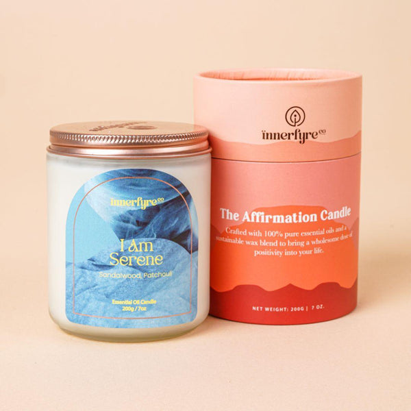 I Am Serene scented candle and cylindrical packaging